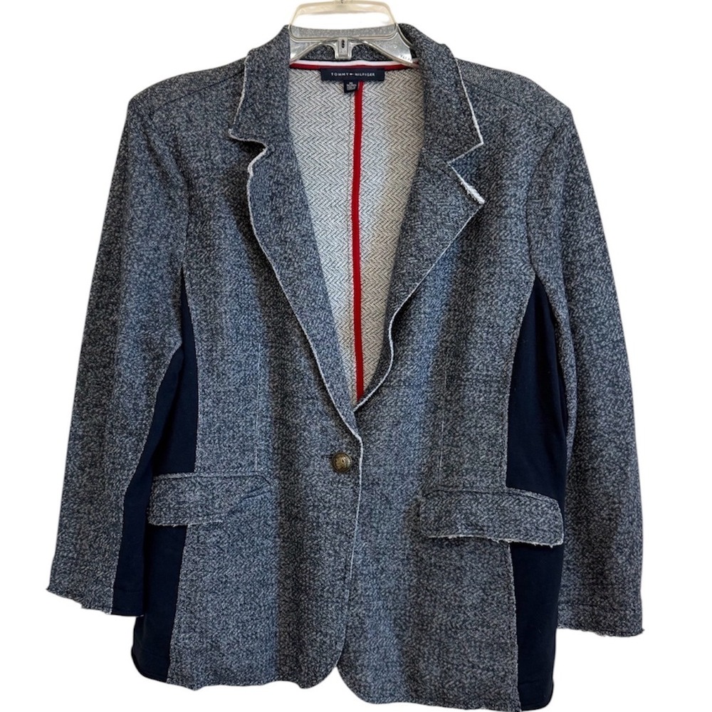 Tommy Hilfiger Womens XL Grey Knit Blazer Navy Side Panel Crest Button Jacket